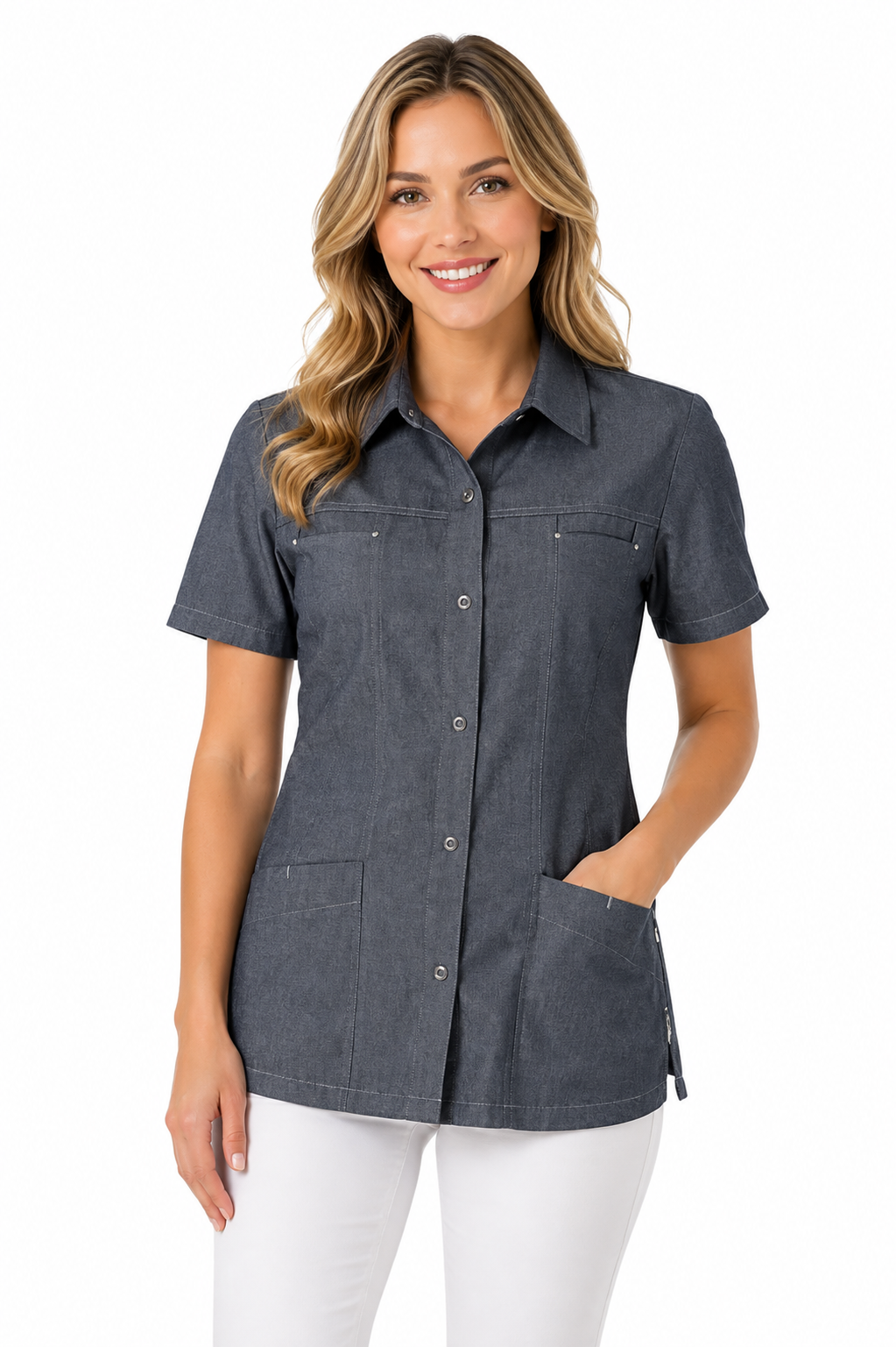 Haen Zorgkleding Kara - Blue Denim Look - Dames Zorgjasje met Korte Mouwen, foto 2 van 4