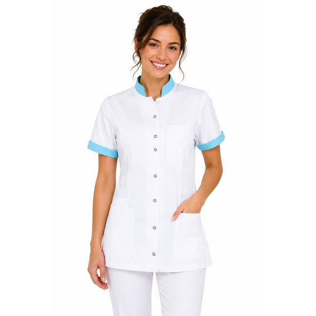 Haen Zorgkleding Mila - Wit/Magic Azur - Dames Zorgjasje – Stretch Telescoopmouw