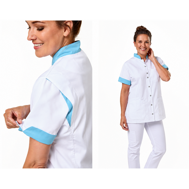 Haen Zorgkleding Mila - Wit/Magic Azur - Dames Zorgjasje – Stretch Telescoopmouw
