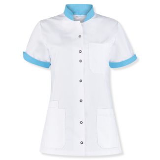 Haen Zorgkleding Mila - Wit/Magic Azur - Dames Zorgjasje – Stretch Telescoopmouw