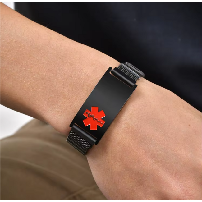 MediSieraad Medische ID Armband Zwart – Breed – RVS – Incl. Gravering