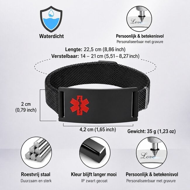 MediSieraad Medische ID Armband Zwart – Breed – RVS – Incl. Gravering