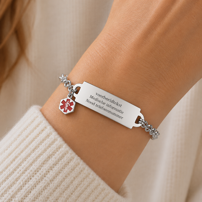 Medische ID-armband met schakelketting en bedeltje – incl. gravering