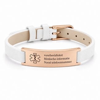 Medische Armband Wit Leer - Rosé goudkleur plaatje met eigen tekst