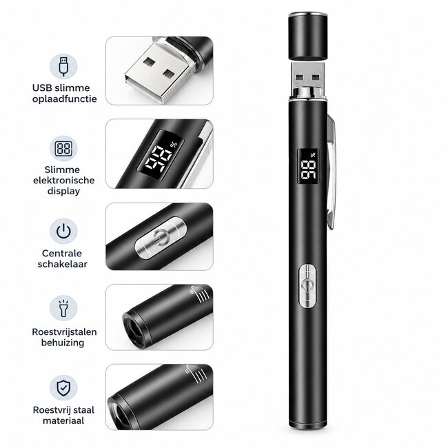 USB Oplaadbare Penlight met Batterijdisplay – Dual Light – Graveerbaar