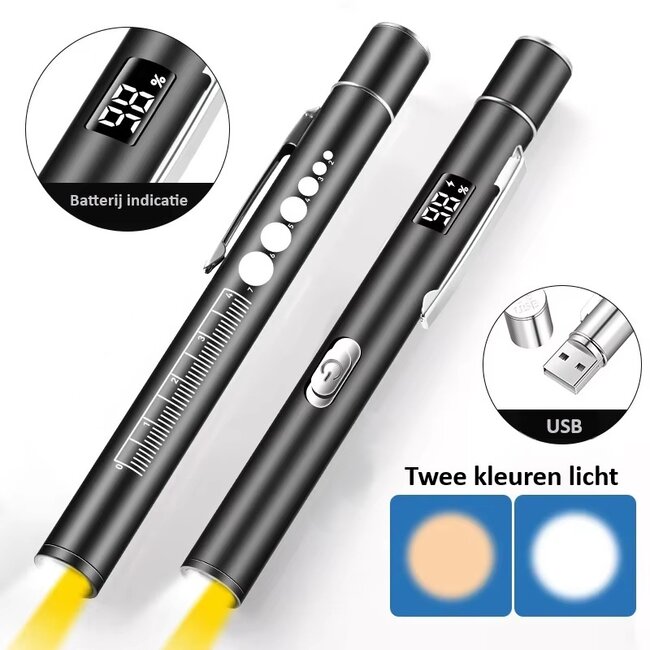 USB Oplaadbare Penlight met Batterijdisplay – Dual Light – Graveerbaar