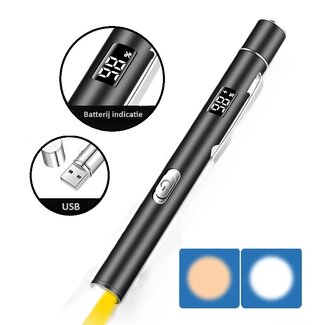 USB Oplaadbare Penlight met Batterijdisplay – Dual Light – Graveerbaar
