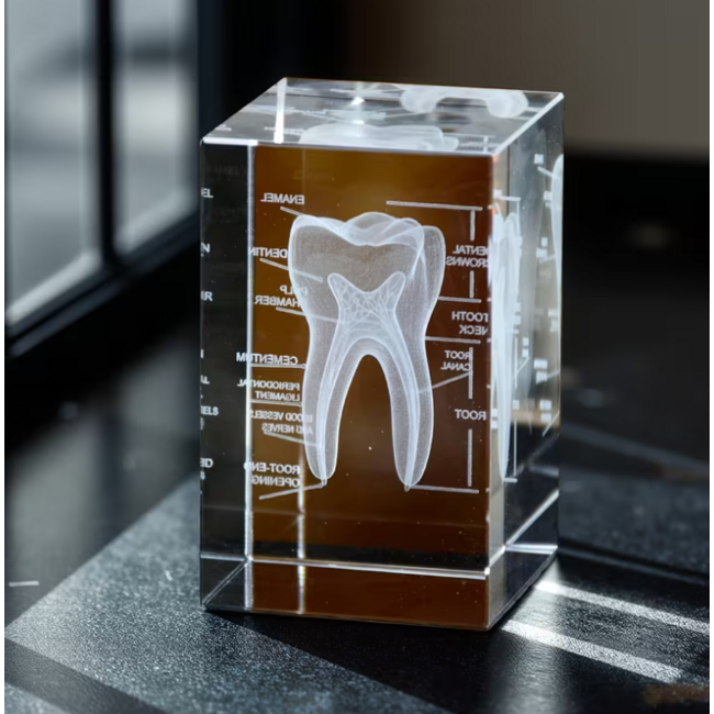 3D model van een tand in glazen blok