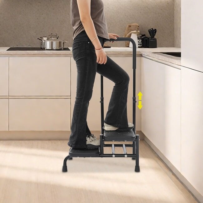 Dubbel Opstapje met Verstelbare Handgreep – Antislip – Zwart