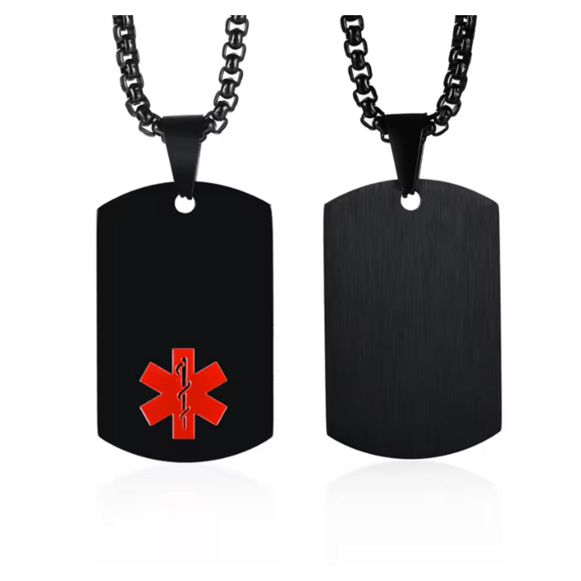 MediSieraad Dog Tag – Zwart - Gepersonaliseerde Medische Halsketting met Gravering – ICE/SOS Identificatie