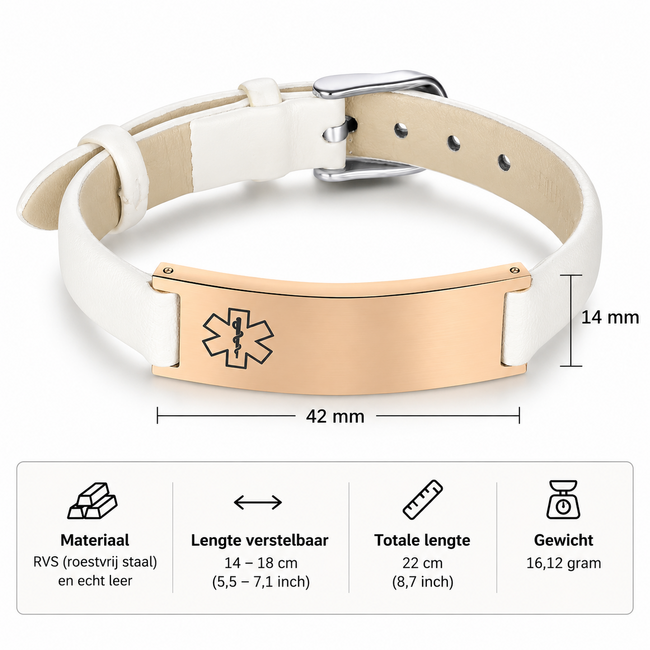 Medische Armband Wit Leer - Rosé goudkleur plaatje met eigen tekst