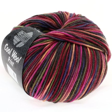 Lana Grossa Cool Wool Print 749 - wijnrood/felroze/geelgroen/blauw violet/zalm/mokka