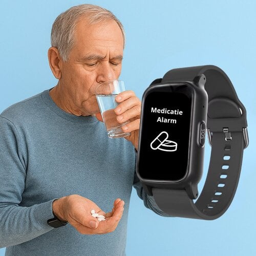 PersonalClick PersonalClick PC45 Smal - Alarm Horloge Ouderen - Valdetectie- Waterdicht- SOS Knop - Extra smal en lange accuduur - Zwart