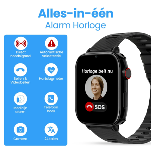 PersonalClick Alarm Horloge Ouderen 4G Deluxe - Lederen band zwart PC24 -
