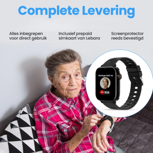 PersonalClick Alarm Horloge Ouderen 4G Deluxe - Lederen band zwart PC24 -