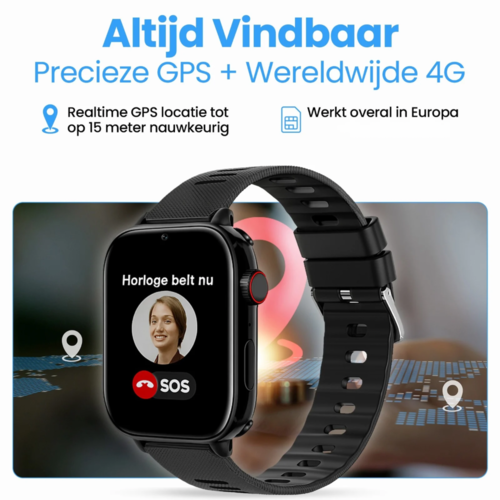 PersonalClick Alarm Horloge Ouderen 4G Deluxe - Lederen band zwart PC24 -