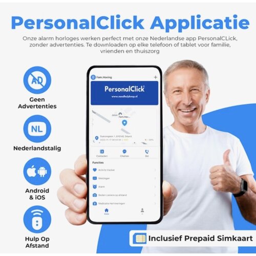 PersonalClick PersonalClick PC45 Smal - Alarm Horloge Ouderen - Valdetectie- Waterdicht- SOS Knop - Extra smal en lange accuduur - Rood