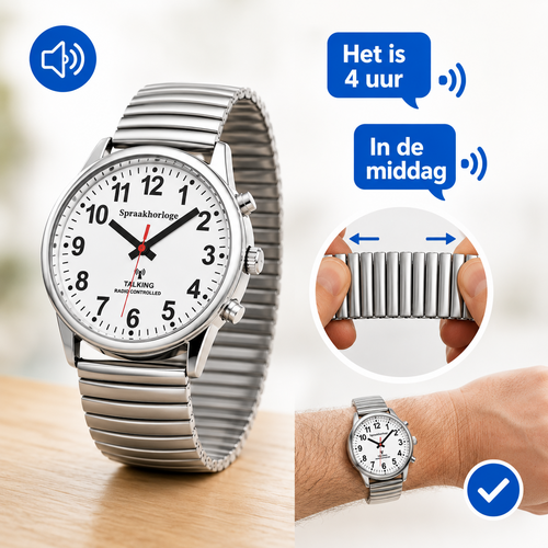 PersonalClick PersonalClick Sprekend Horloge Deluxe – Nederlands Sprekend Horloge voor Slechtzienden & Blinden – Spreekt Tijd en Datum – Rekbare Band – Zilver PersonalClick PersonalClick Sprekend Horloge Deluxe – Nederlands Sprekend Horloge voor Slechtzienden & Blinden – Spreekt Tijd en Datum – Rekbare Band – Zilver