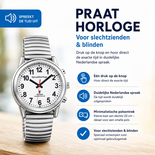 PersonalClick PersonalClick Sprekend Horloge Deluxe – Nederlands Sprekend Horloge voor Slechtzienden & Blinden – Spreekt Tijd en Datum – Rekbare Band – Zilver PersonalClick PersonalClick Sprekend Horloge Deluxe – Nederlands Sprekend Horloge voor Slechtzienden & Blinden – Spreekt Tijd en Datum – Rekbare Band – Zilver