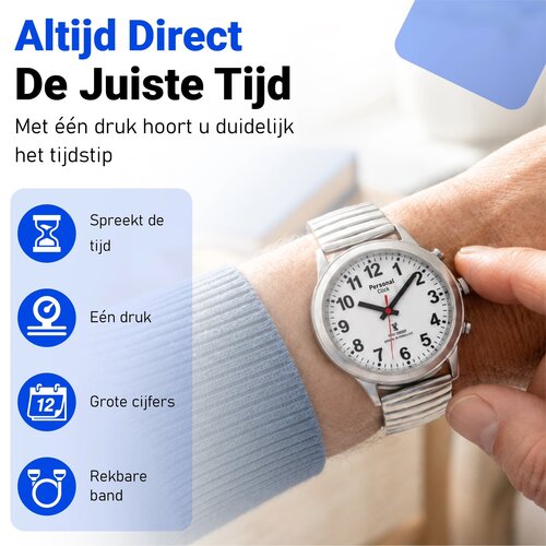PersonalClick PersonalClick Sprekend Horloge Deluxe – Nederlands Sprekend Horloge voor Slechtzienden & Blinden – Spreekt Tijd en Datum – Rekbare Band – Zilver PersonalClick PersonalClick Sprekend Horloge Deluxe – Nederlands Sprekend Horloge voor Slechtzienden & Blinden – Spreekt Tijd en Datum – Rekbare Band – Zilver