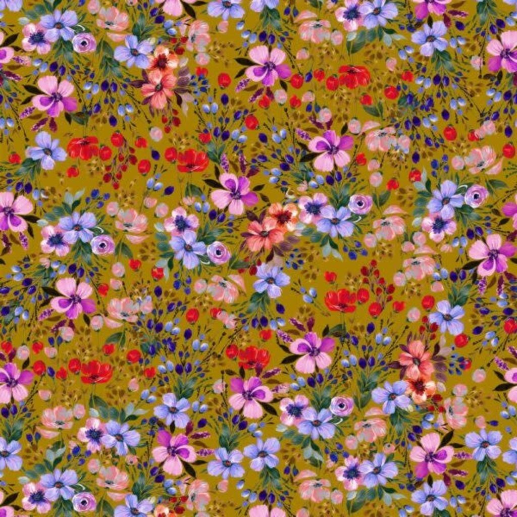 Oker geel met bloemen - Viscose tricot (18,80 p.m)