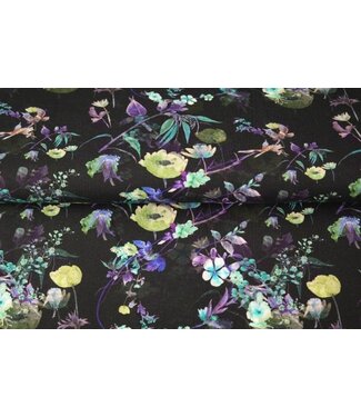 blauw/ paarse bloemen - Katoen tricot (19,00 p.m)