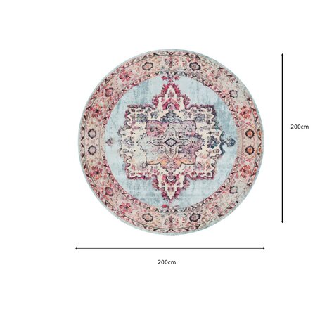 Tapis rond vintage 200cm blanc terne bleu oriental avec motifs 