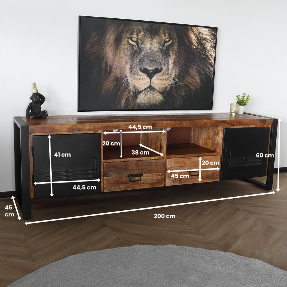 Meuble TV bois et métal look industriel 200 cm pour salon