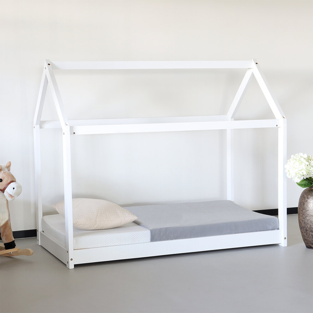 Lit cabane montessori pour enfant 146x78cm Puckie blanc avec les lattes