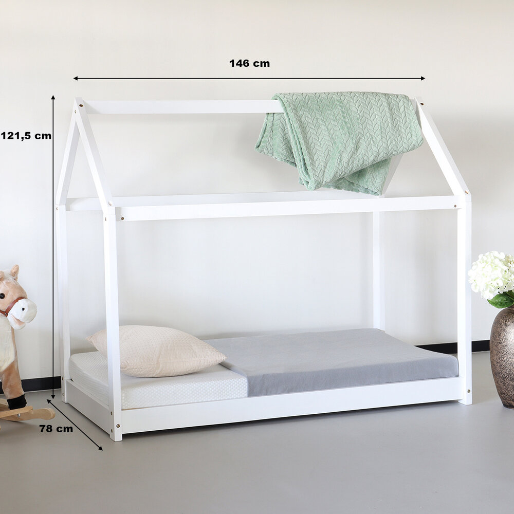 Lit cabane montessori pour enfant 146x78cm Puckie blanc avec les lattes