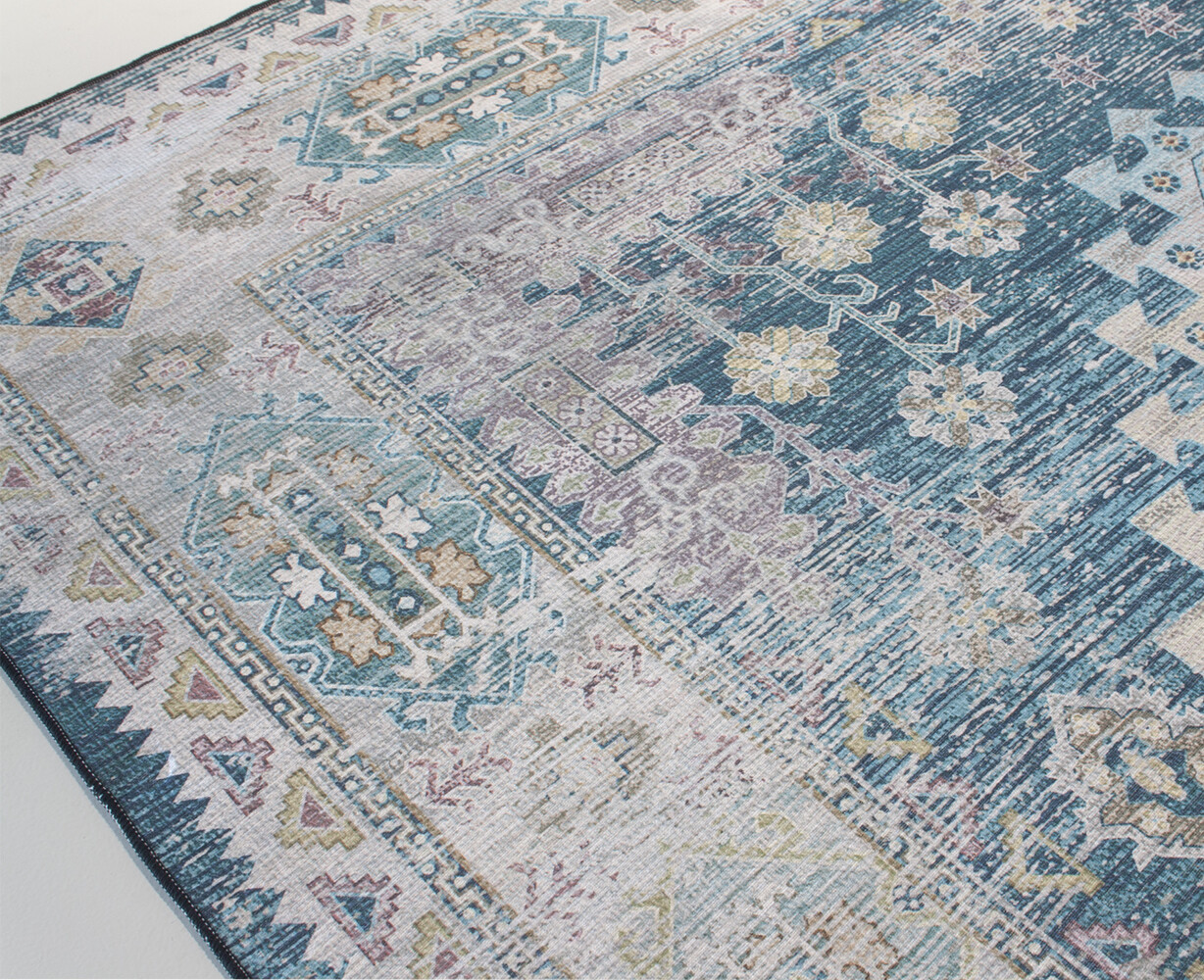 Tapis vintage 70x140cm bleu foncé oriental avec motifs Tapis vintage 70x140cm bleu foncé oriental avec motifs