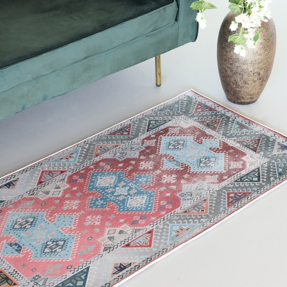 Tapis vintage 70x140cm gris rouge oriental avec motifs