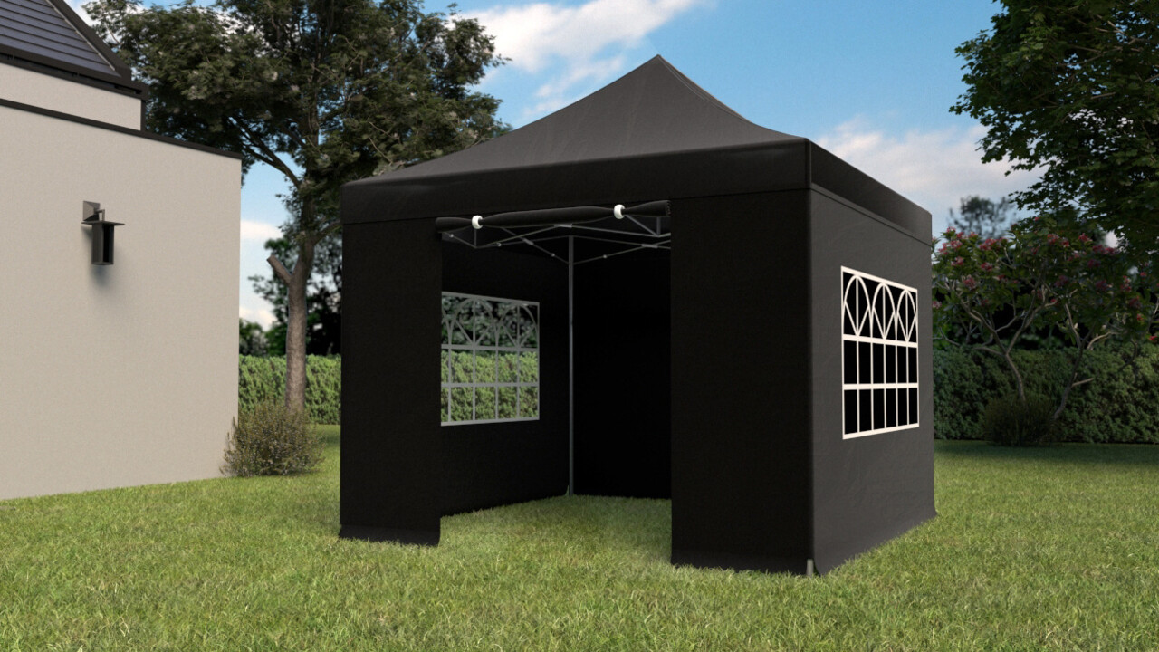 Tonnelle de jardin Easy Up pliable semi prof 3x3m noir (tubes en aluminium 40mm) Tonnelle de jardin Easy Up pliable semi prof 3x3m noir (tubes en aluminium 40mm)