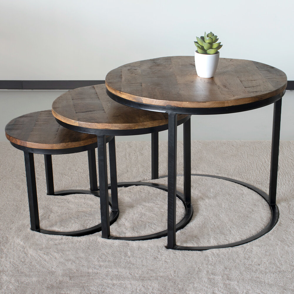 Table basse en 3 parties en bois de manguier Jaell style industriel table d'appoint