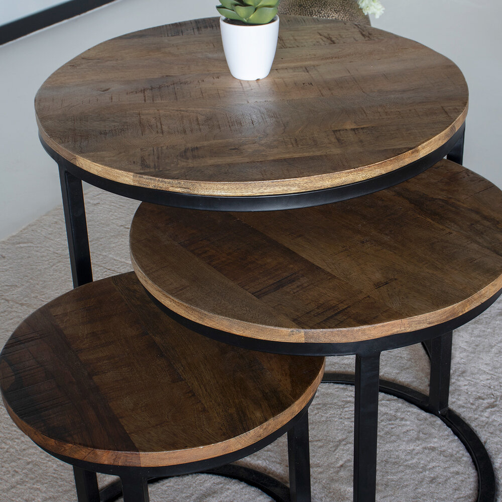 Table basse en 3 parties en bois de manguier Jaell style industriel table d'appoint