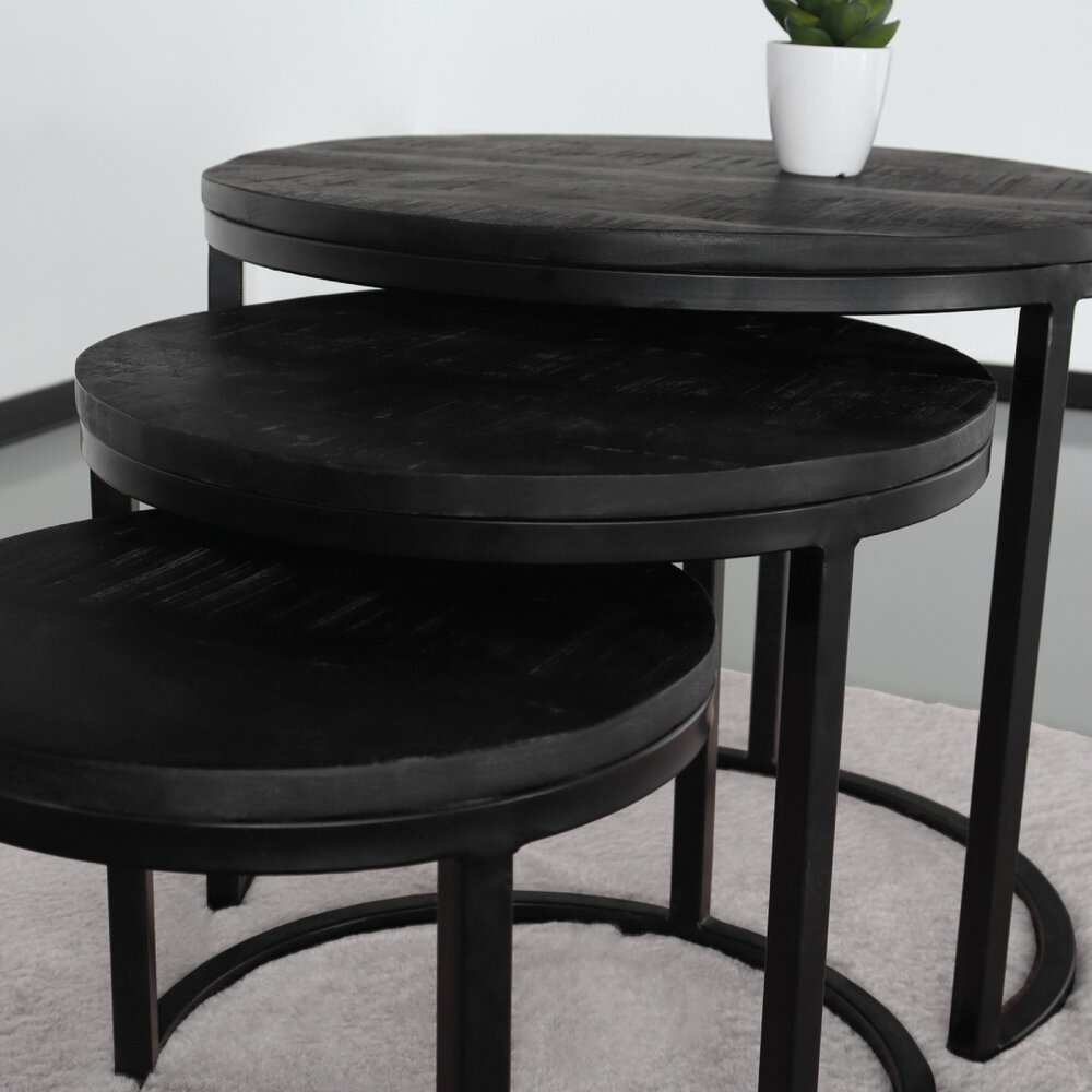 Table basse Jaell en 3 parties en bois de manguier noir style industriel table d'appoint