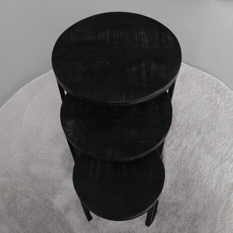 Lizzely Garden & Living Table basse Jaell en 3 parties en bois de manguier noir style industriel table d'appoint