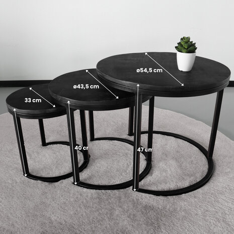 Lizzely Garden & Living Table basse Jaell en 3 parties en bois de manguier noir style industriel table d'appoint