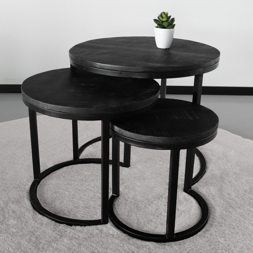 Table basse Jaell en 3 parties en bois de manguier noir style industriel table d'appoint