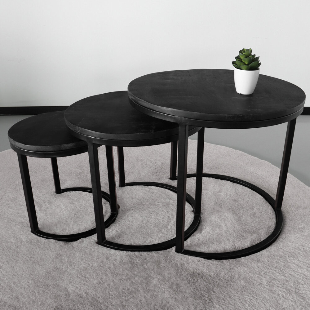 Table basse Jaell en 3 parties en bois de manguier noir style industriel table d'appoint
