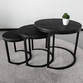 Lizzely Garden & Living Table basse Jaell en 3 parties en bois de manguier noir style industriel table d'appoint