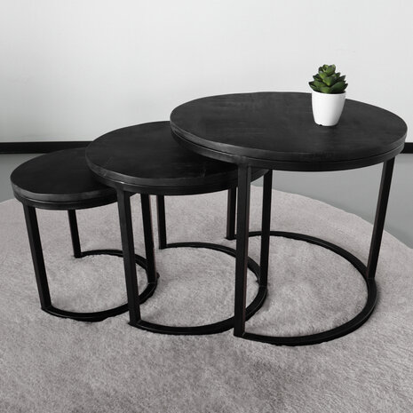 Lizzely Garden & Living Table basse Jaell en 3 parties en bois de manguier noir style industriel table d'appoint