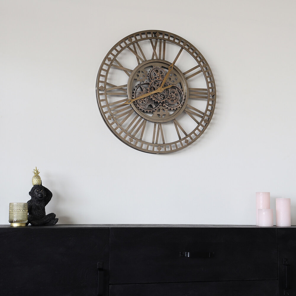 Horloge murale Gill industrielle dorée à chiffres romains Horloge murale Gill industrielle dorée à chiffres romains