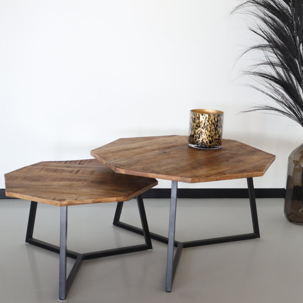 Table basse en bois de manguier octogonale style industriel Loes 2 pièces Table basse en bois de manguier octogonale style industriel Loes 2 pièces