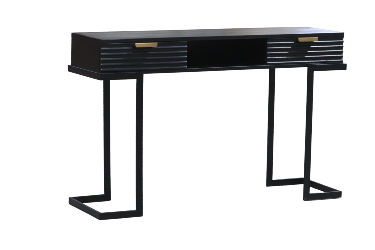 Coiffeuse Georgia en bois de manguier massif 2 tiroirs 120cm table de maquillage noir