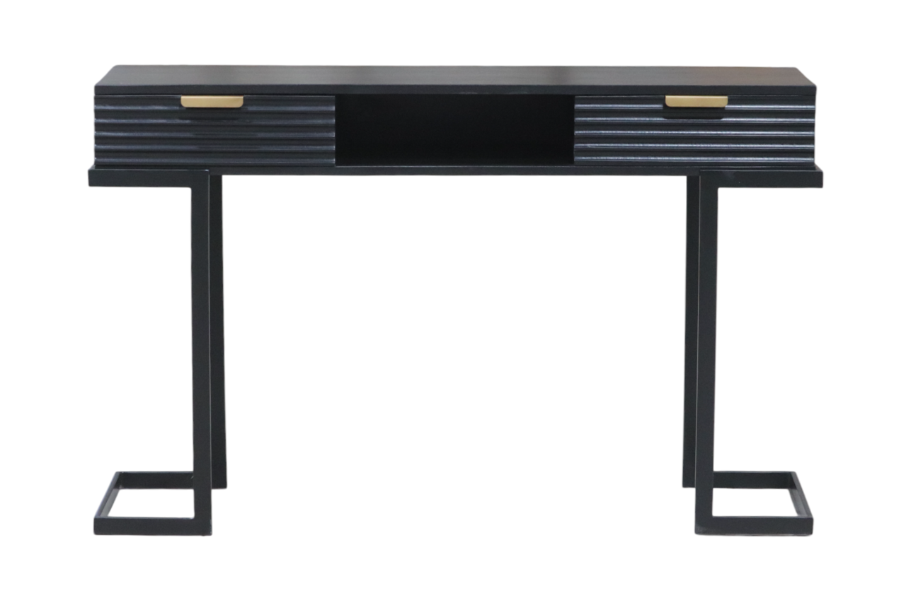 Coiffeuse Georgia en bois de manguier massif 2 tiroirs 120cm table de maquillage noir