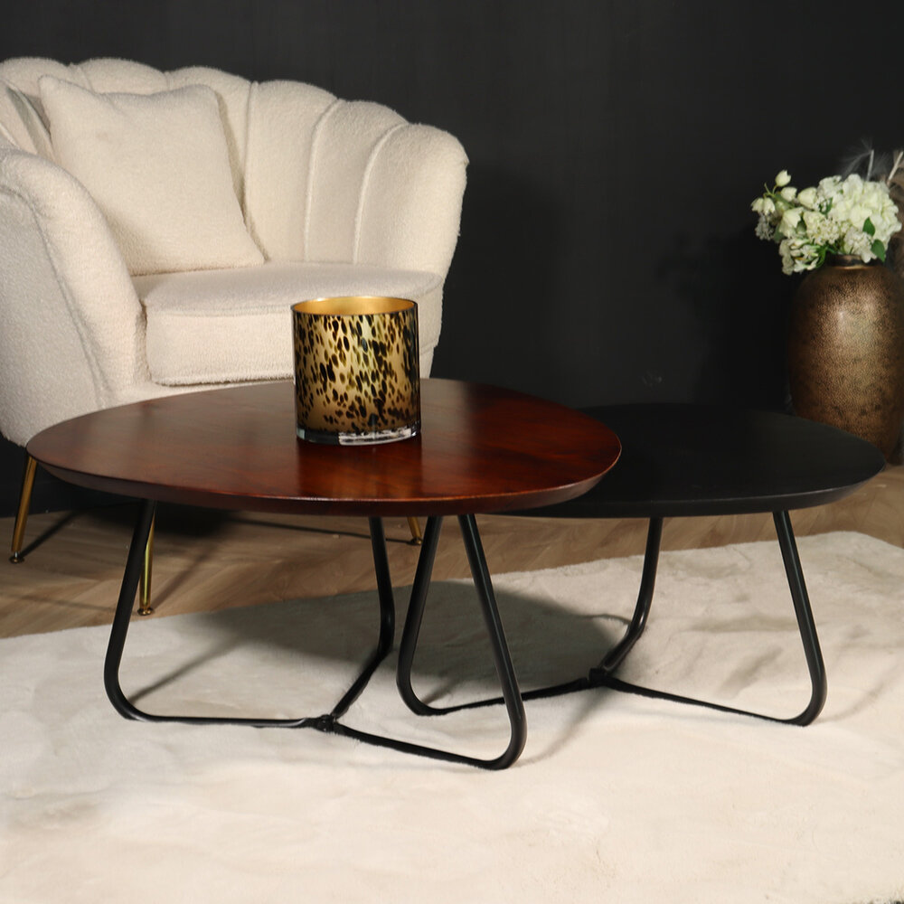 Table basse forme organique set de 2 en bois de manguier Gijs table d'appoint marron et noir