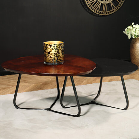 Lizzely Garden & Living Table basse forme organique set de 2 en bois de manguier Gijs table d'appoint marron et noir