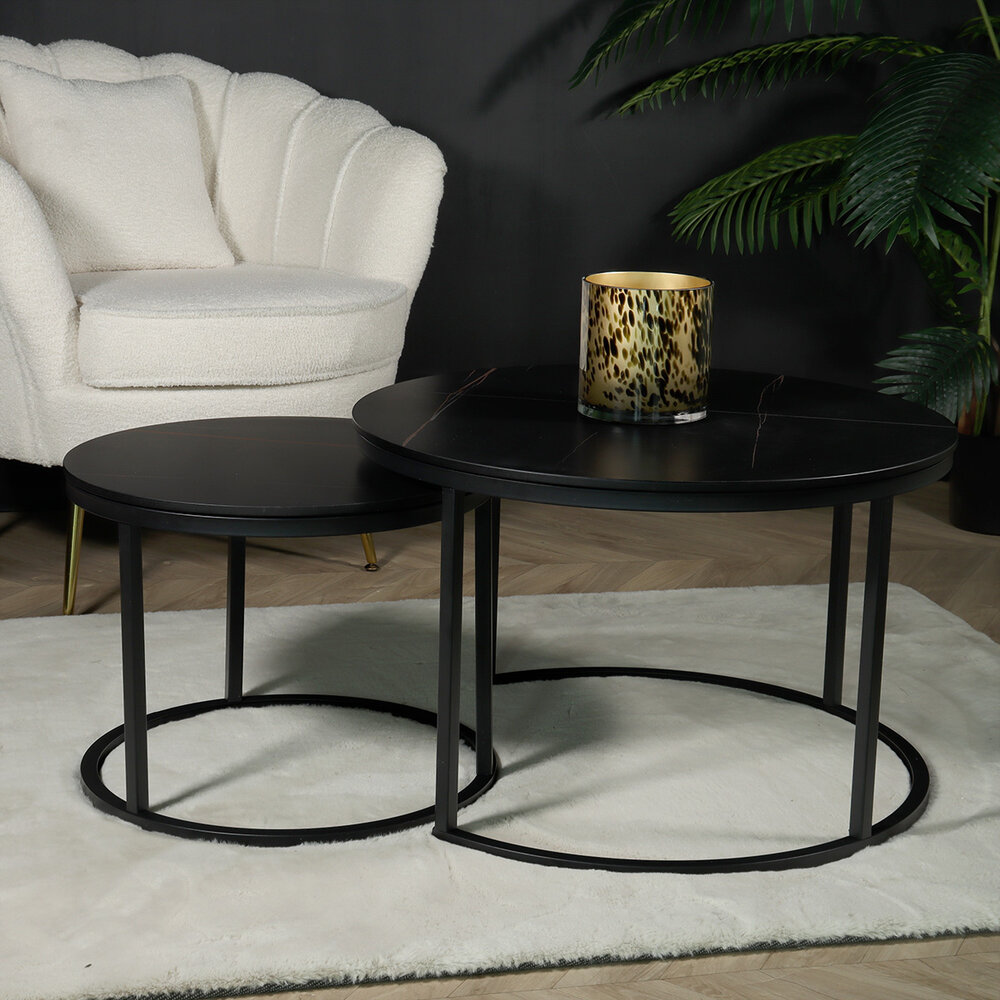 Table basse ronde 2 pièces aspect marbre Bero table d'appoint noir table d'appoint en pierre fritée Table basse ronde 2 pièces aspect marbre Bero table d'appoint noir table d'appoint en pierre fritée