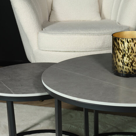 Lizzely Garden & Living Table basse ronde 2 pièces aspect marbre Bero table d'appoint gris table d'appoint en pierre fritée